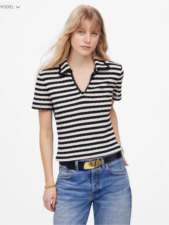 Madewell Tops - Madewell Stripe Crochet-Knit V-Neck Sweater Tee Classic Feminine Preppy